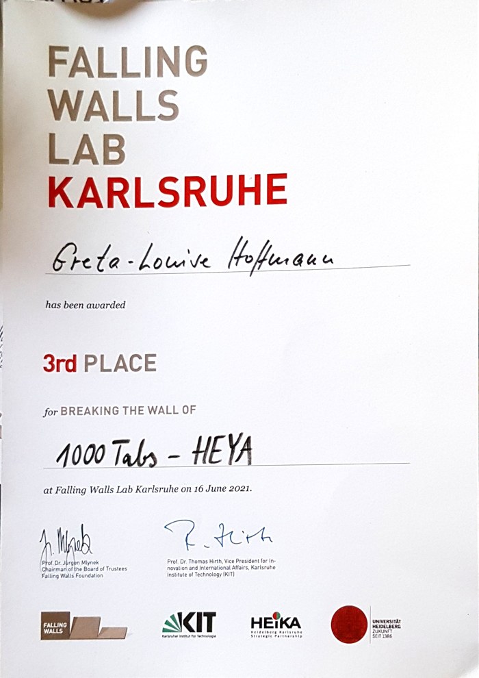 Urkunde des Falling Walls Lab Karlsruhe, 3. Platz